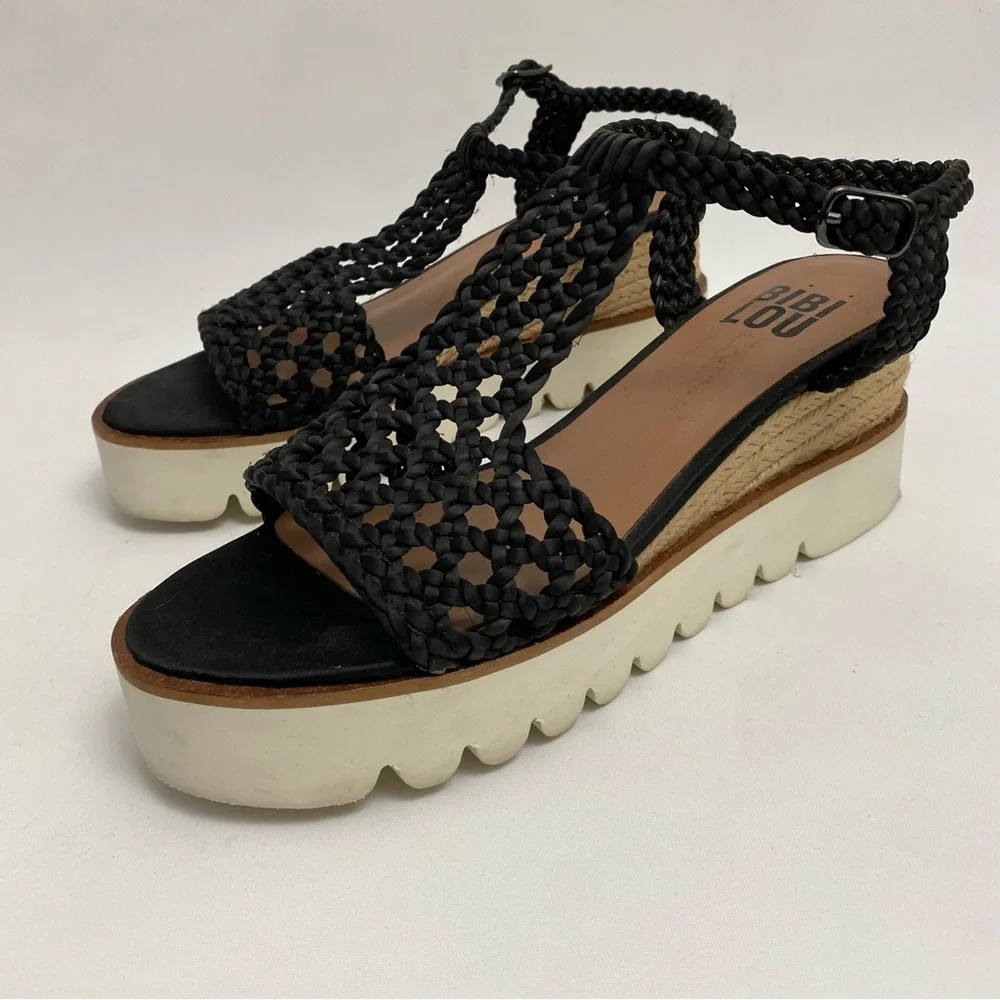 BIBI LOU Platform Sandals 7 - 7.5 / 38 Black Woven Ankle Strap Open Toe Wedge - Picture 2 of 16